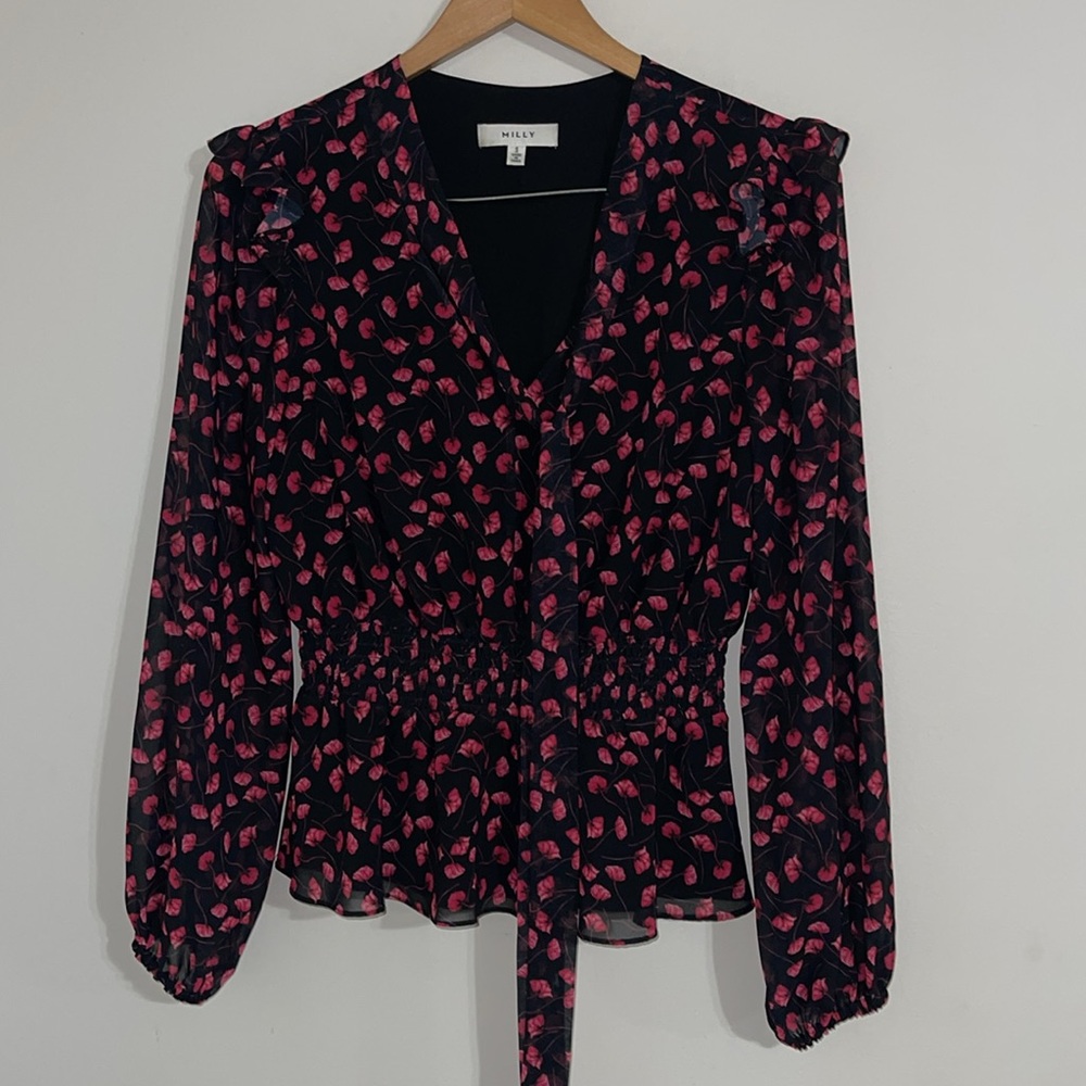 milly floral smocked waist ruffle trim balloon. Sleeve blouse medium